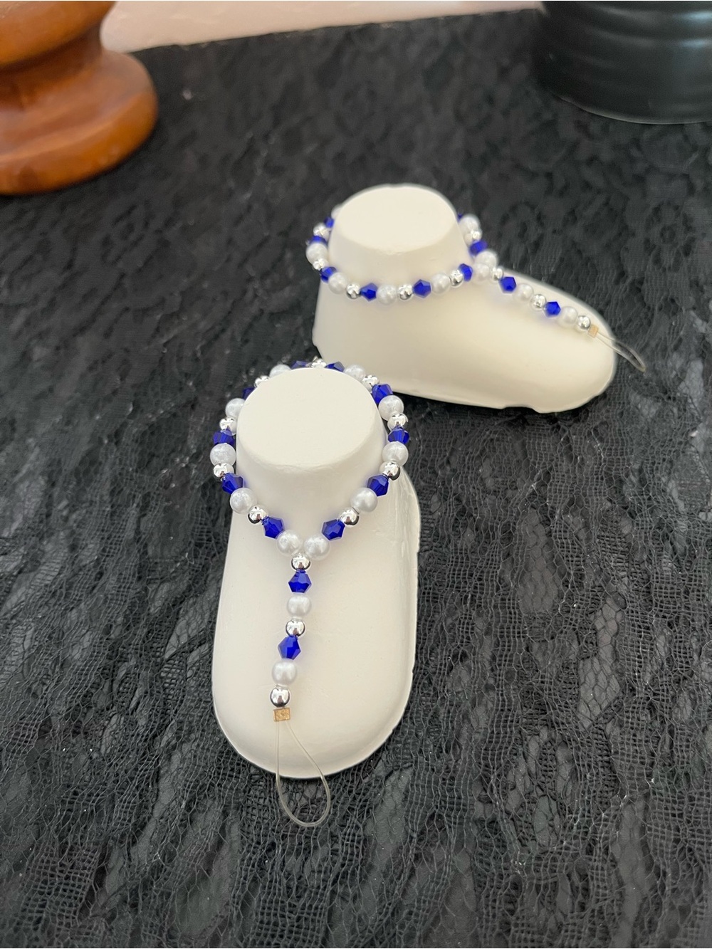 Handmade Blue and Silver Beaded Barefoot Sandals